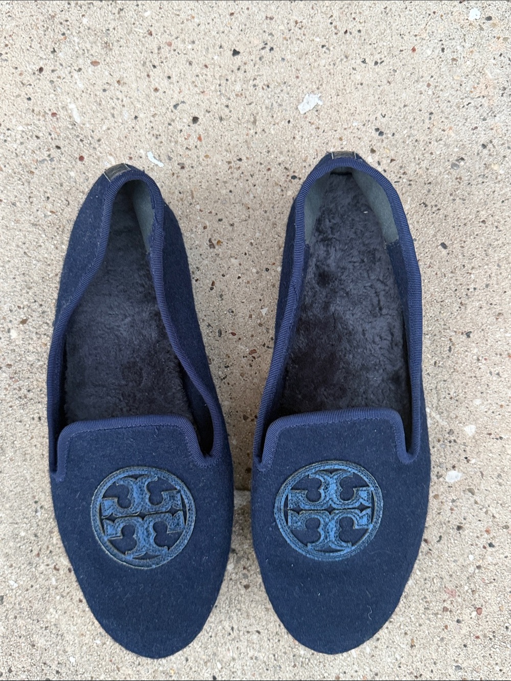 Tory Burch Navy Suede Logo Slip-On Loafers